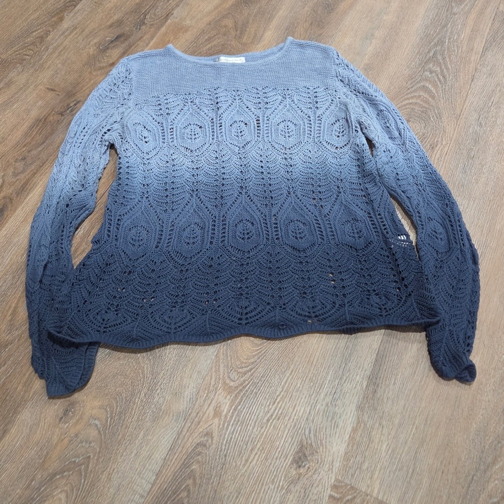 Christopher & Banks Petite Blue Ombre Crochet Knit Cotton Sweater PL Large